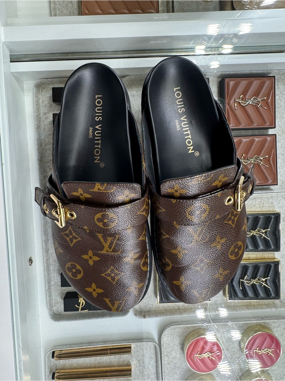 Louis Vuitton Brown Monogram Leather Slip-On Loafers with Gold Hardware